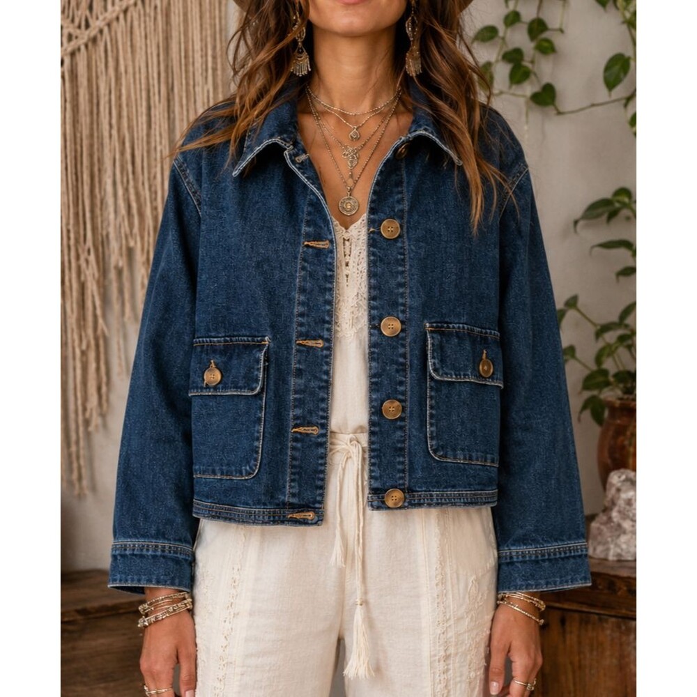 Rachel Zoe cropped denim jacket womens XL blue utility trucker jeans pockets